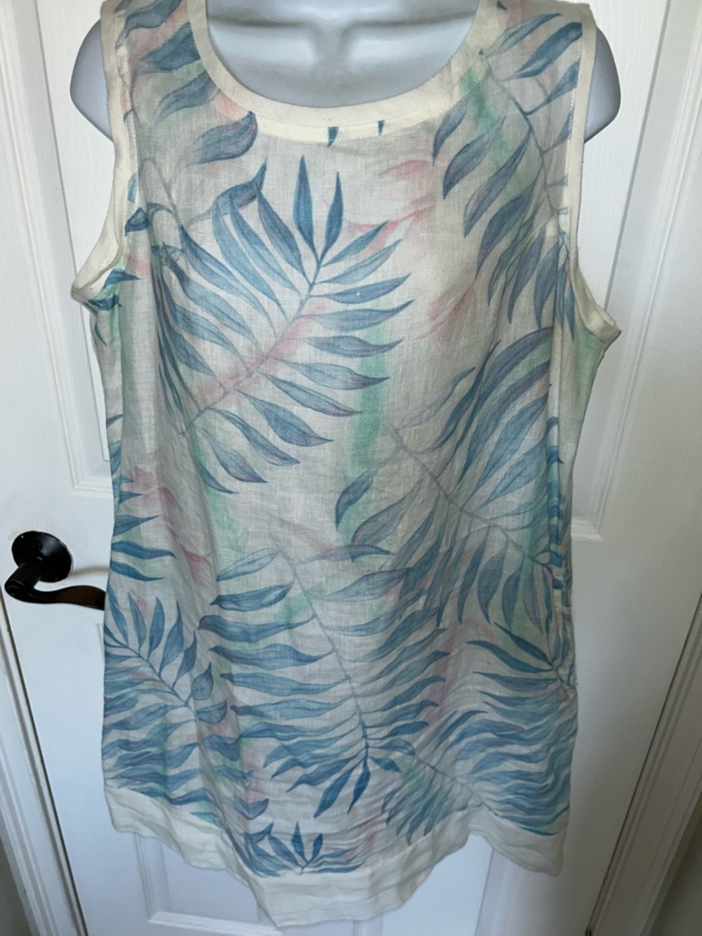 Sleeveless Cream Mini Dress with Blue Leaf Print